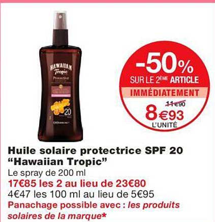 huile solaire protectrice spf 20 "hawaiian tropic"