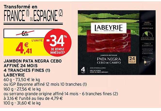 Jambon Pata Negra Cebo Affiné 24 Mois 4 Tranches Fines Labeyrie