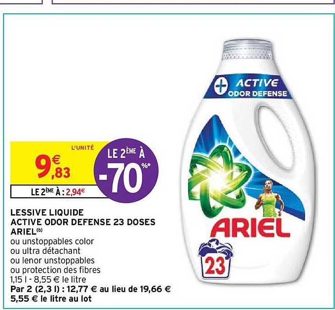 lessive liquide active odor défense 23 doses ariel