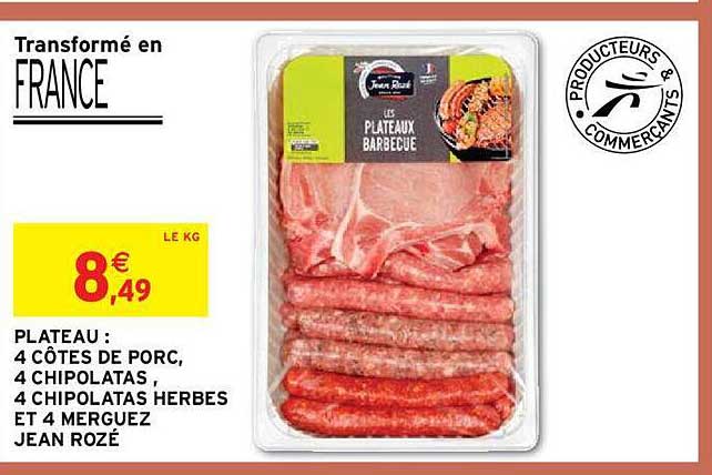 plateau : 4 côtes de porc, 4 chipolatas, 4 chipolatas herbes et 4 merguez jean rozé