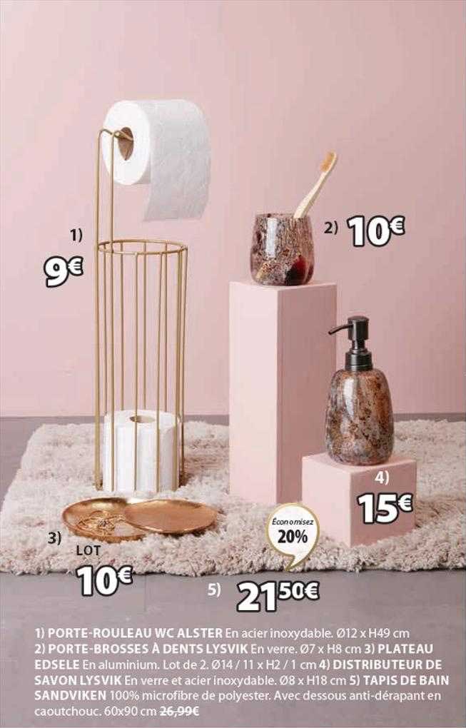 porte-rouleau wc alster, porte-brosses à dents lysvik, plateau edsele, distributeur de savon, tapis de bain sandviken