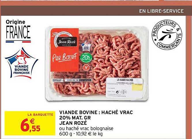 viande bovine : haché vrac 20% mg jean rozé
