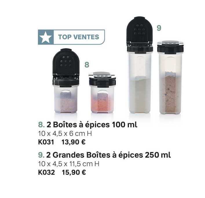 2 boîtes à épices 100 ml, 2 grandes boîtes à épices 250 ml