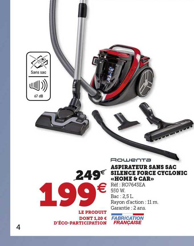 aspirateur sans sac silence force cyclonic «home & car» rowenta