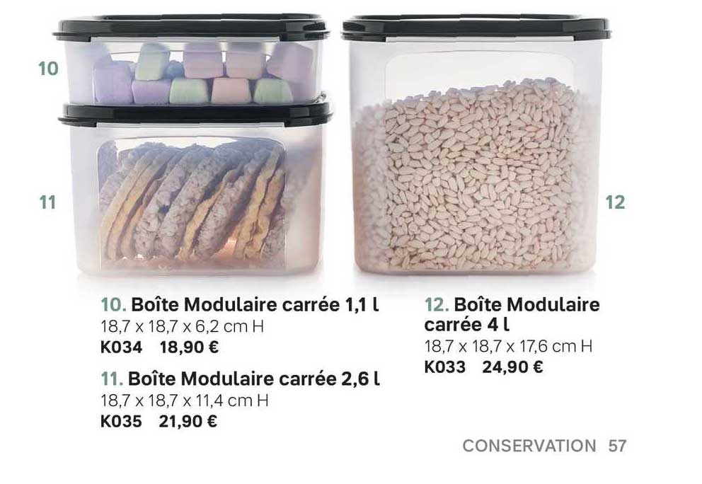 boîte modulaire carrée 1,1 l, boîte modulaire carrée 2,6 l, boîte modulaire carré 4 l