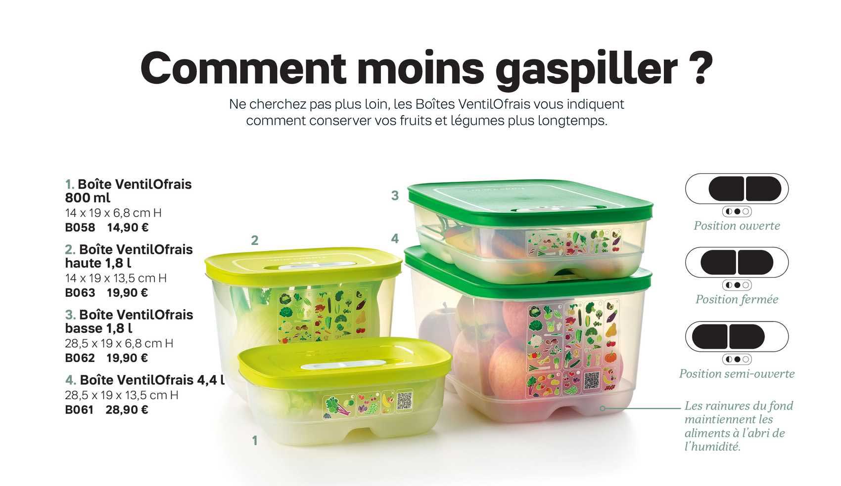 boîte ventilofrais 800 ml, boîte haute 1,8 l, boîte basse 1,8 l, boîte 4,4 l