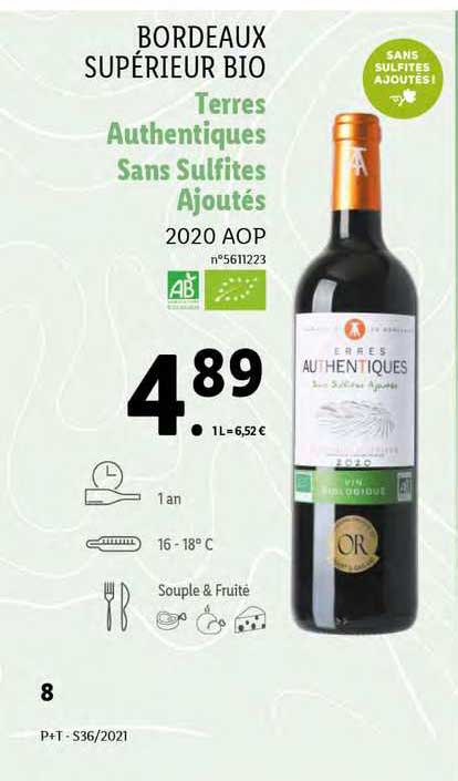 bordeaux supérieur bio terres authentiques sans sulfites ajoutés 2020 aop