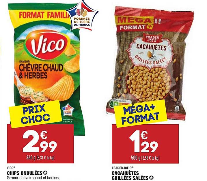 chips ondulées vico, cacahuètes grillées salées trader joe's
