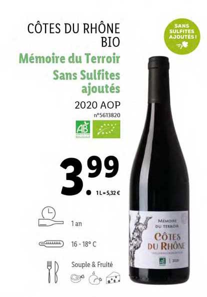 Côtes Du Rhône Bio Mémoire Du Terroir Sans Sulfites Ajoutés 2020 Aop