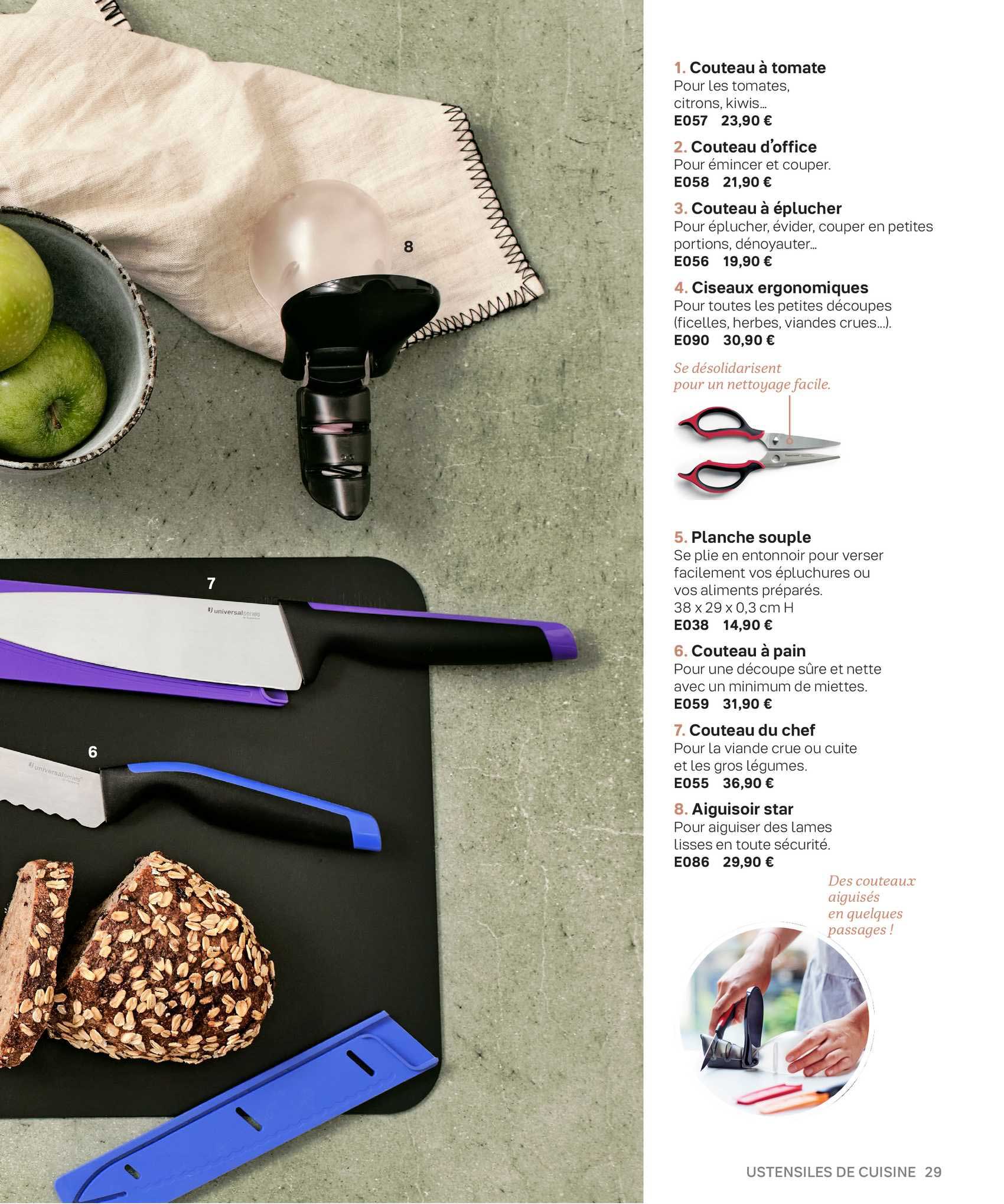 couteau à tomate, couteau d'office, couteau à éplucher, ciseaux ergonomiques, planche souple, couteau à pain, couteau du chef, aiguisoir star