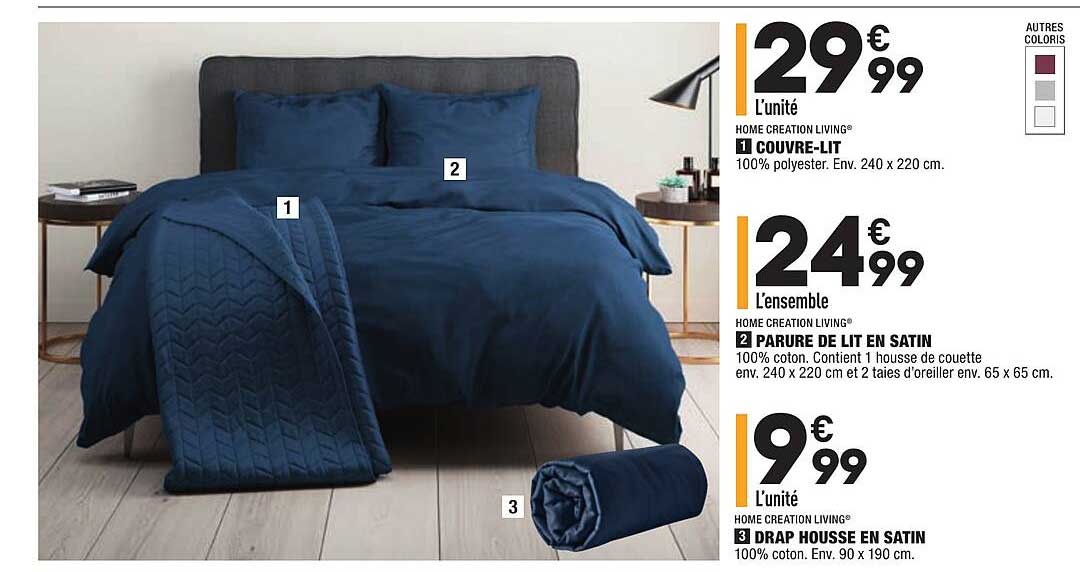 couvre-lit, parure de lit en satin, drap housse en satin home creation living