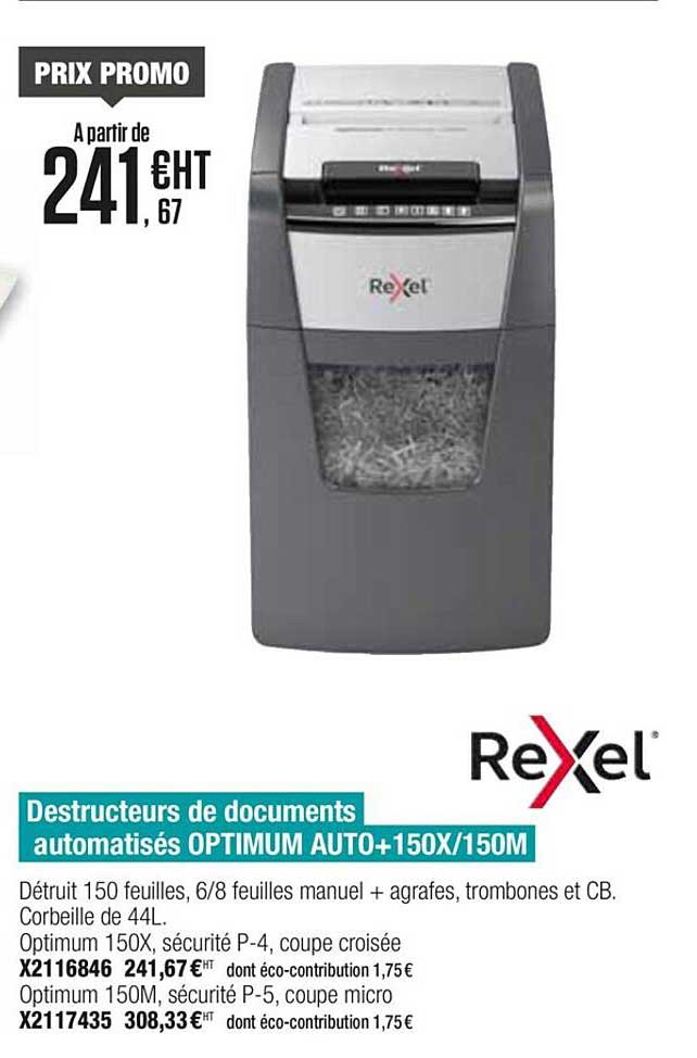destructeurs de documents automatisés optimum auto+150x 150m rexel