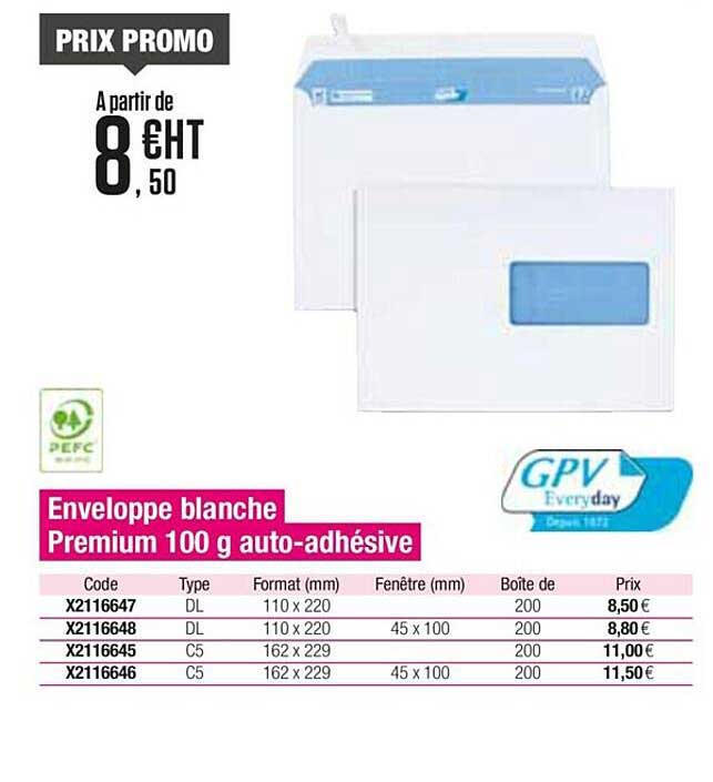 enveloppe blanche premium 100 g auto-adhésive gpv