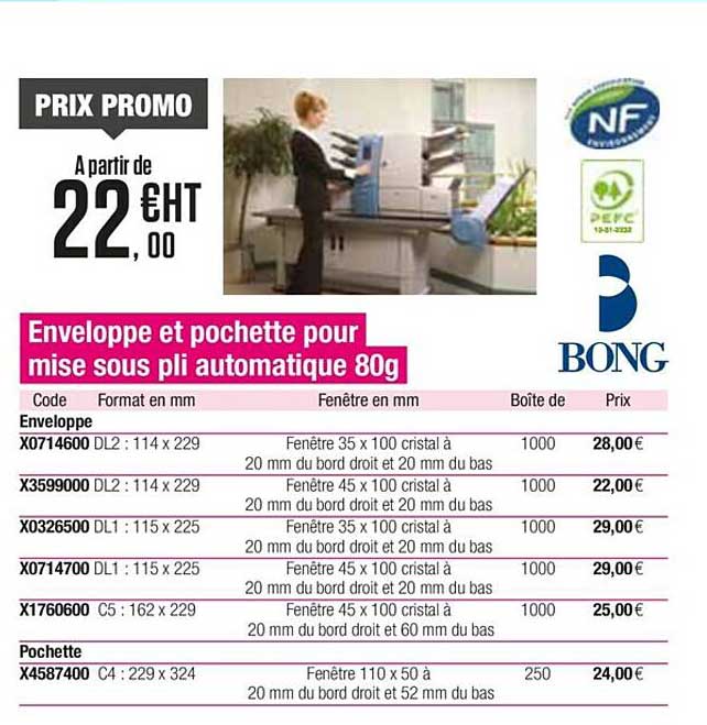 enveloppe et pochette pour mise sous pli automatique 80g bong