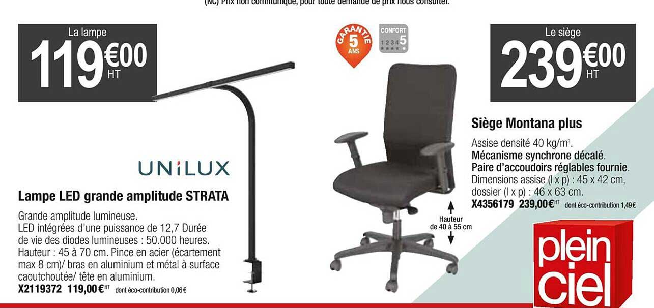 Lampe Led Grande Amplitude Strata Unilux Siège Montana Plus