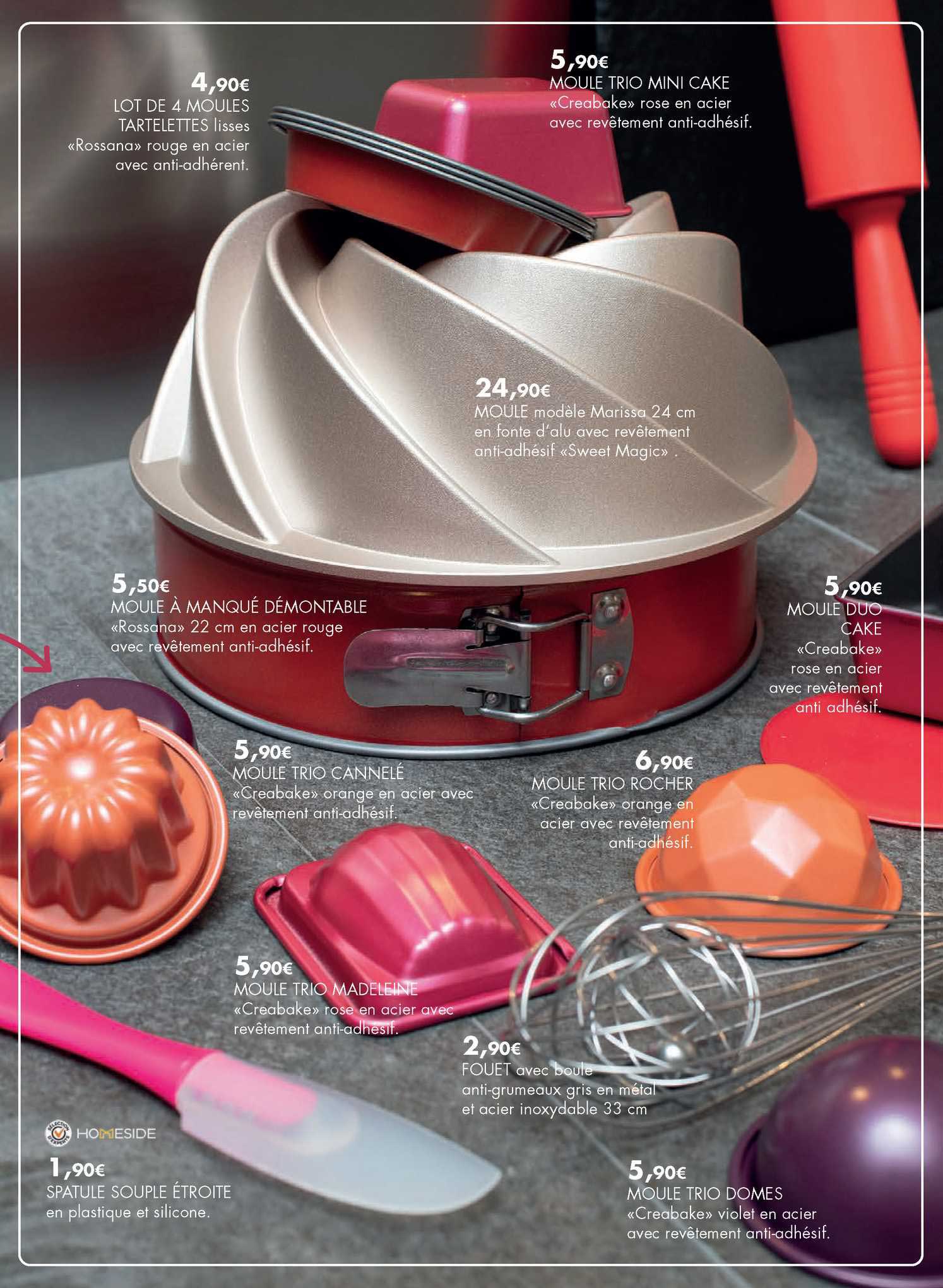 lot de 4 moules tartelettes «rossana», moule trio mini cake «creabaker», moule modèle marissa 24 cm, moule à manqué démontable «rossana», moule trio cannelé «creabaker», moule trio rocher «creabaker»