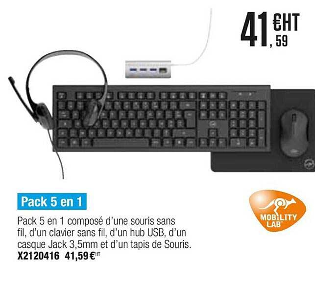pack 5 en 1 composé d'une souris sans fil d'un clavier sans fil d'un hub usb d'un casque jack 3.5mm et d'un tapis de souris mobility lab