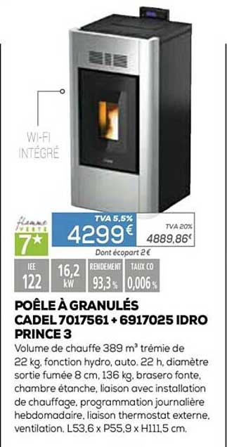 poêle à granulés cadel 7017561 + 6917025 idro prince 3