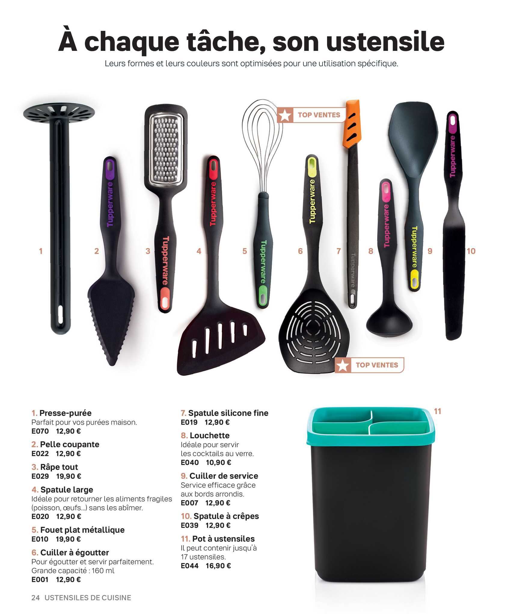 presse-purée, pelle coupante, râpe tout, spatule large, fouet plat métallique, cuiller à égoutter, spatule silicone fine, louchette, cuiller de service, spatule à crêpes, pot à ustensiles