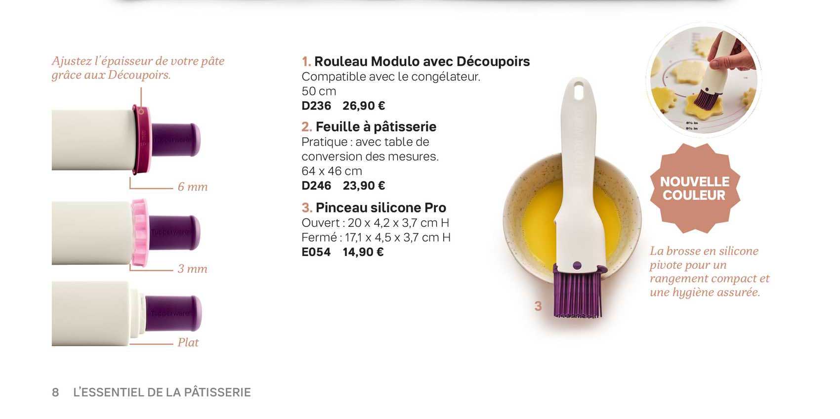 rouleau modulo avec découpoirs, feuille à pâtisserie, pinceau silicone pro