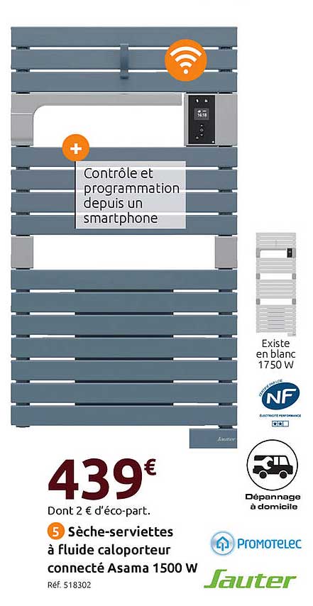 sèche-serviettes à fluide calopoteur connecté asama 1500 w sauter