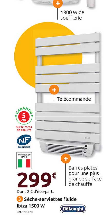 sèche-serviettes fluide fluide ibiza 1500 w delonghi