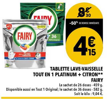 tablette lave-vaisselle tout en 1 platinum + citron fairy