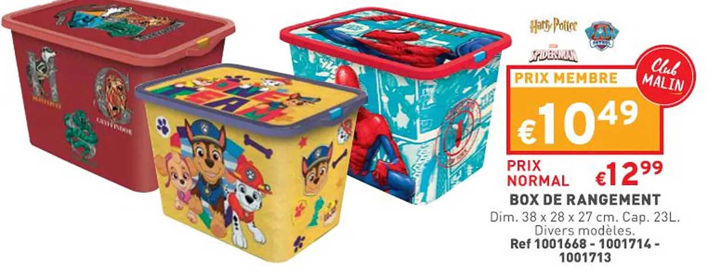 box de rangement harry potter, paw patrol, spiderman