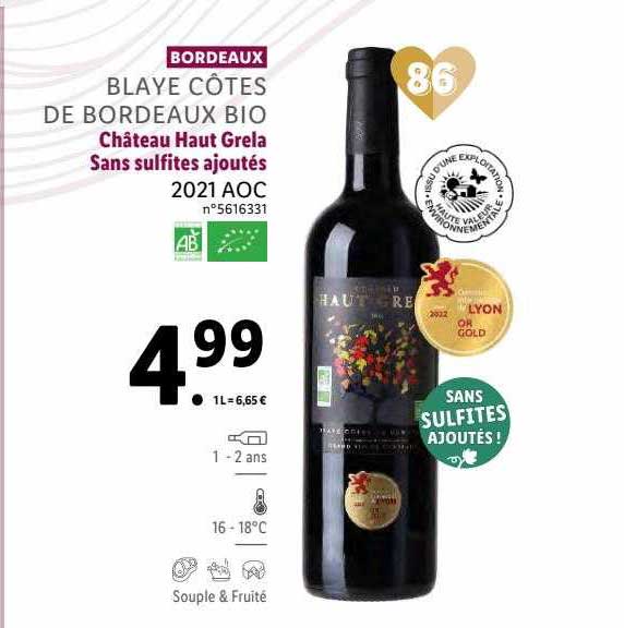 blaye côtes de bordeaux bio château haut grela sans sulfites ajoutés 2021 aoc