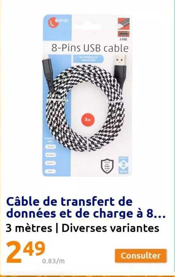câble de transfert de données et de charge à 8...