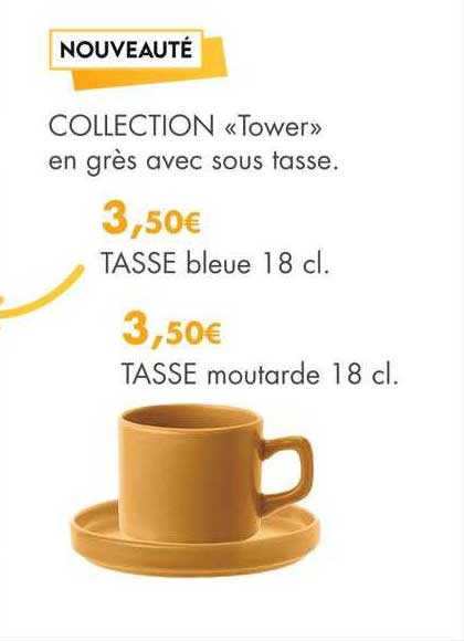 collection «tower» en grès avec sous tasse : tasse bleue 18 cl, tasse moutarde 18 cl