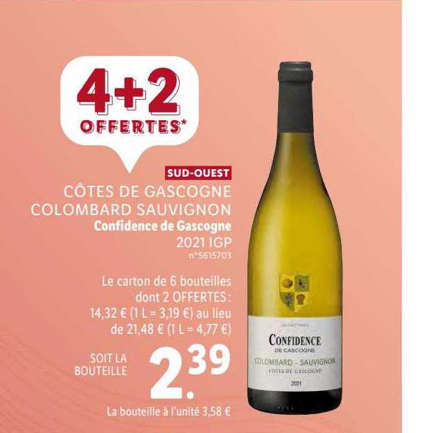 côtes de gascogne colombard sauvignon confidence de gascogne 2021 igp