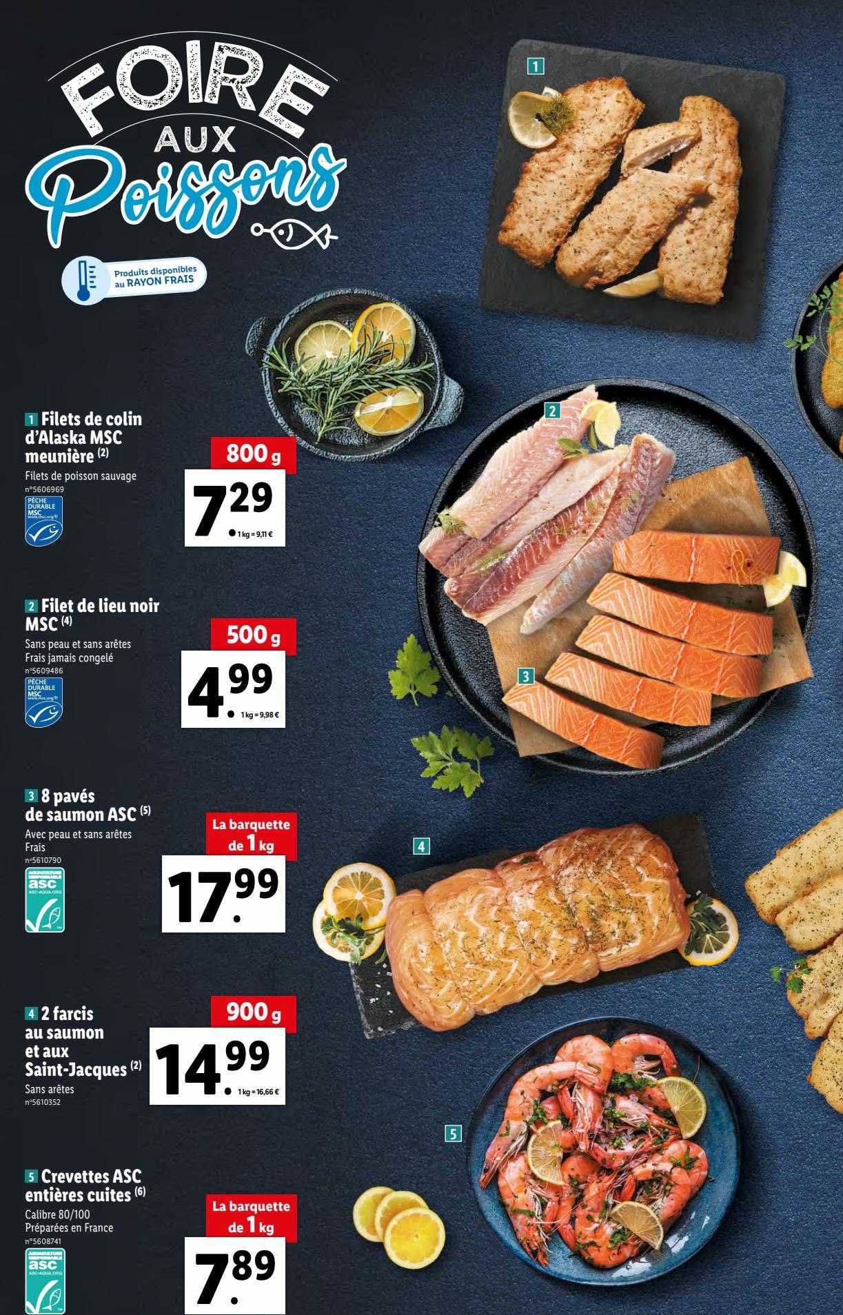 filets de colin d'alaska msc meunière, filet de lieu noir msc, 8 pavés de saumon asc, 2 farcis au saumon et aux saint-jacques, crevettes asc entières cuites