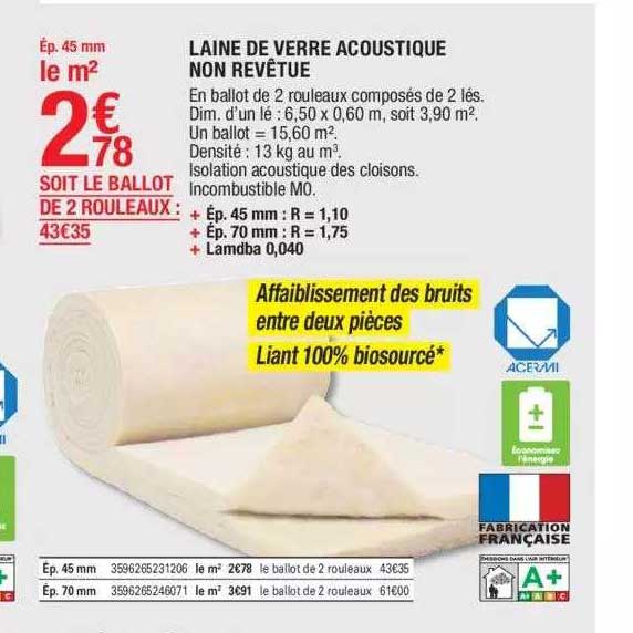 laine de verre acoustique non revêtue