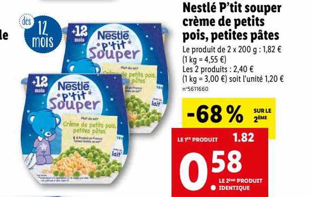 nestlé p'tit souper crème de petits pois, petites pâtes