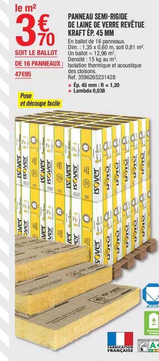 panneau semi-rigide de laine de verre revêtue kraft ép. 45 mm
