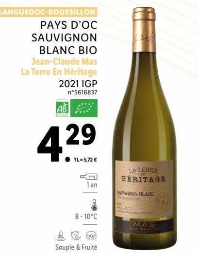 pays d'oc sauvignon blanc bio jean-claude mas la terre en héritage 2021 igp