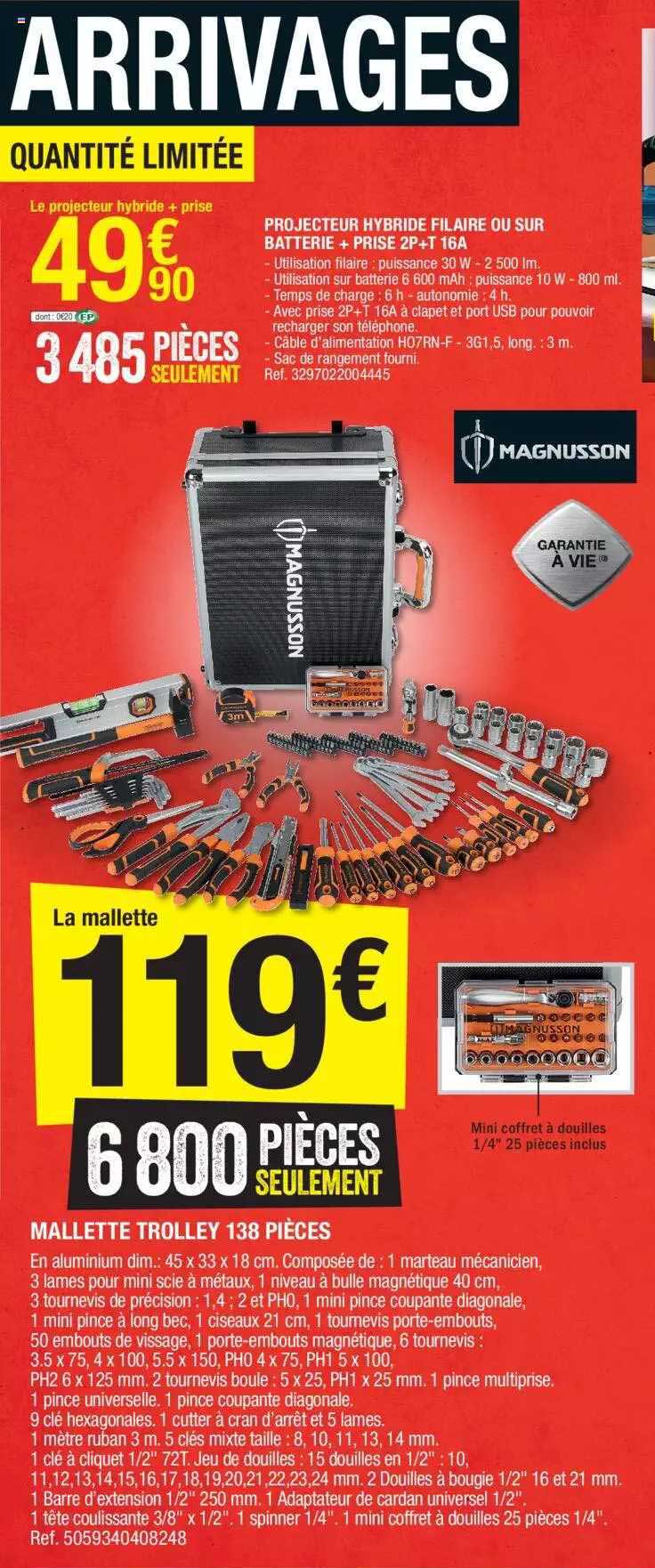 projecteur hybride filaire ou sur batterie + prise 2p+t 16a magnusson, mallette trolley 138 pièces magnusson