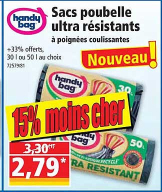 sacs poubelle ultra résistants à poignées coulissantes handy bag