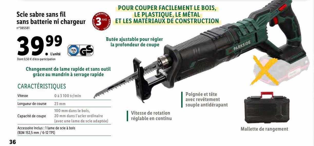 scie sabre sans fil sans batterie ni chargeur parkside
