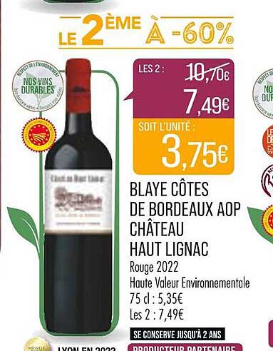 blaye côtes de bordeaux aop château haut lignac rouge 2022