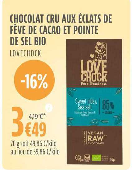 chocolat cru aux éclats de fève de cacao et pointe de sel bio lovechock