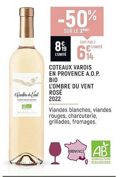 côteaux varois en provence a.o.p. bio l'ombre du vent rosé 2022