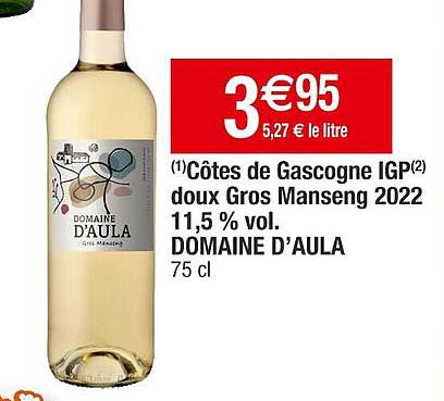 côtes de gascogne igp doux gros manseng 2022 11,5% vol. domaine d'aula