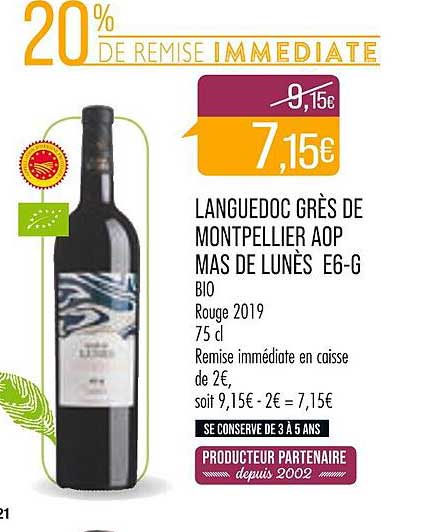 languedoc grès de montpellier aop mas de lunès e6-g bio rouge 2019