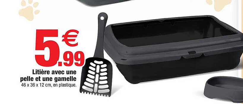 litière avec un pelle et une gamelle