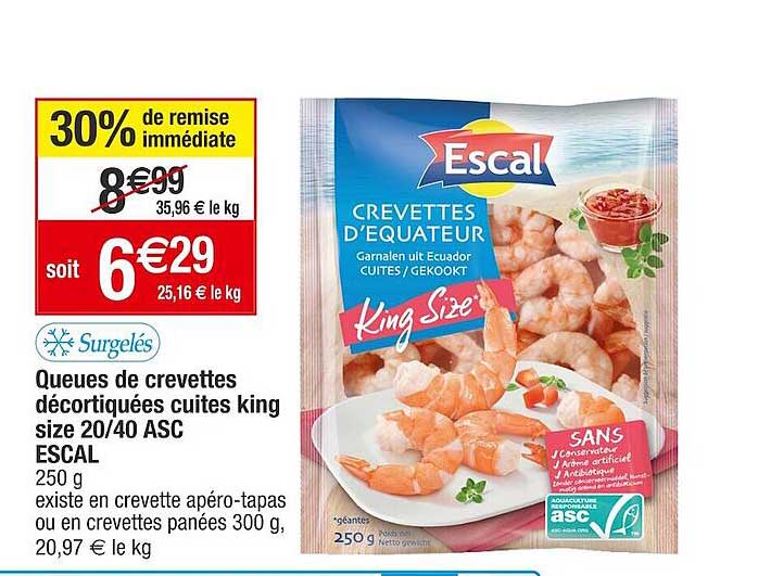 queues de crevettes décortiquées cuites king size 20/40 asc escal