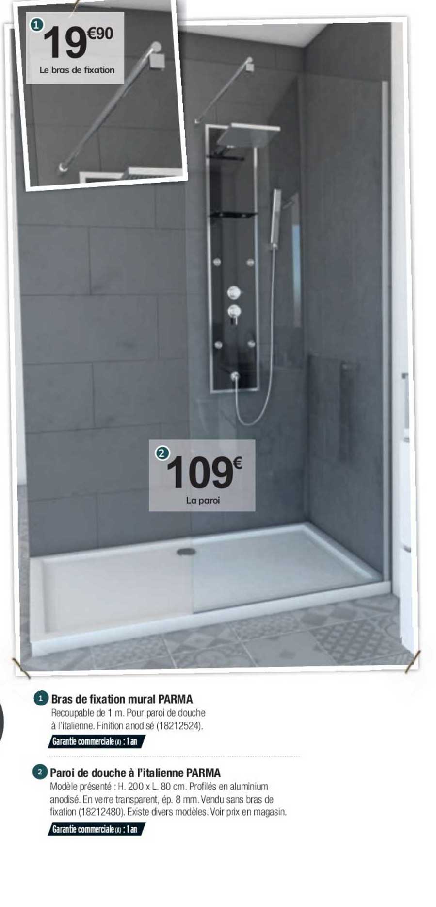 bras de fixataion mural parma paroi de douche à l'italienne parma