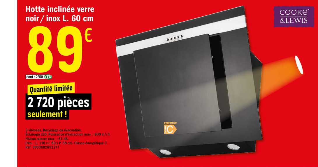 hotte inclinée verre noir inox l. 60 cm cooke&lewis