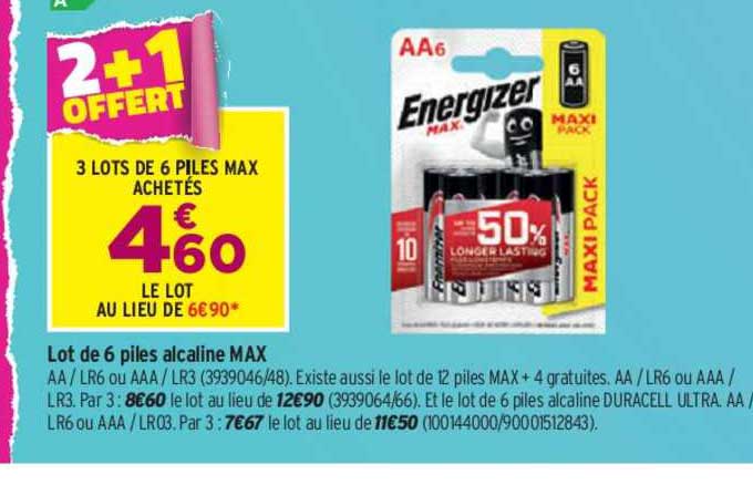 lot de 6 piles alcaline max energizer 2+1 offert